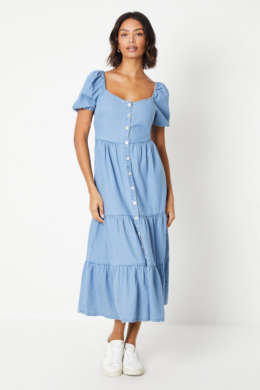 Women’s Denim Puff Sleeve Button Through Tiered Dress - mid wash - 18